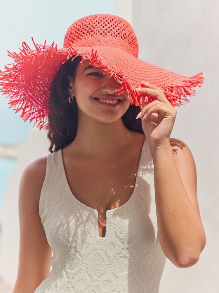 Red Wide Frayed Brim Hat - Image 2 of 7