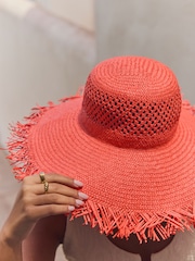 Red Wide Frayed Brim Hat - Image 4 of 7