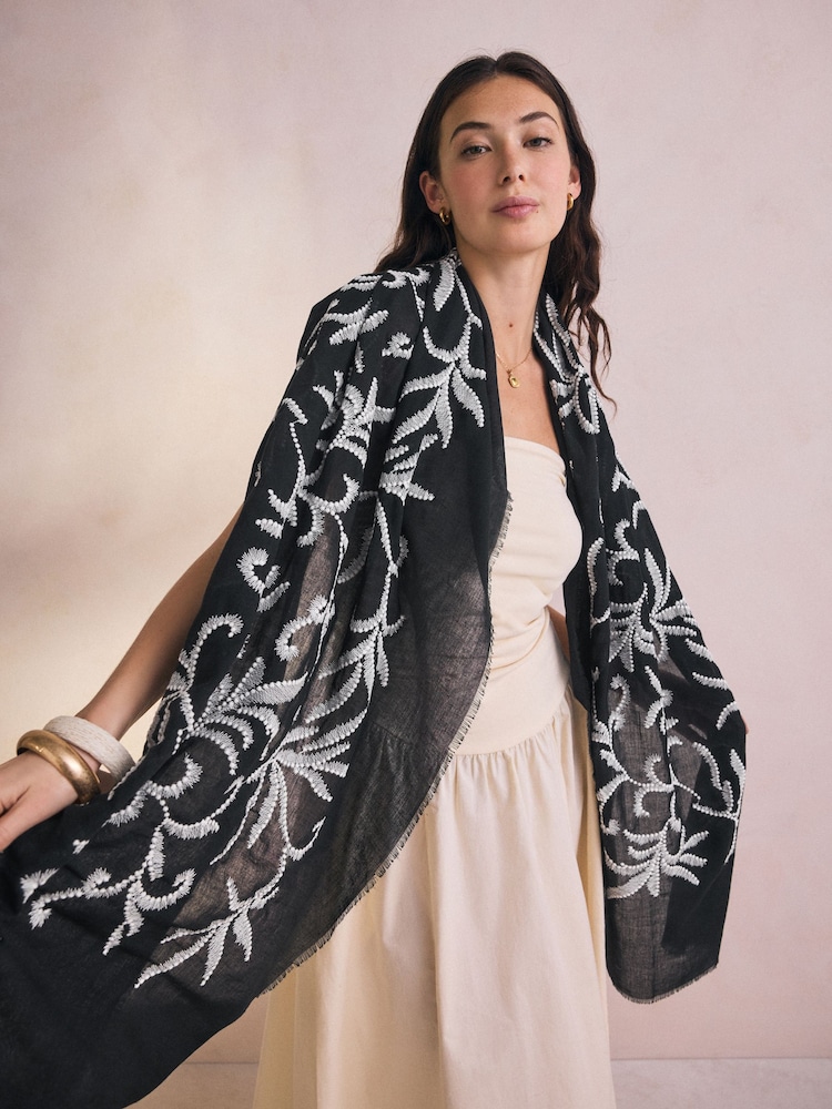 Black/White Embroidered Lightweight Scarf - Image 1 of 6