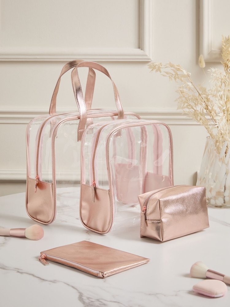 Set of 4 Rose Gold Clear Makeup Bags - Image 1 of 4 Set of 4 Rose Gold Clear Makeup Bags - Image 1 of 4