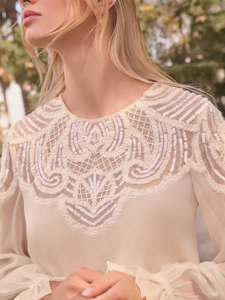 Lipsy Cream Embellished Sequin Long Sleeve Blouse - Image 2 of 4