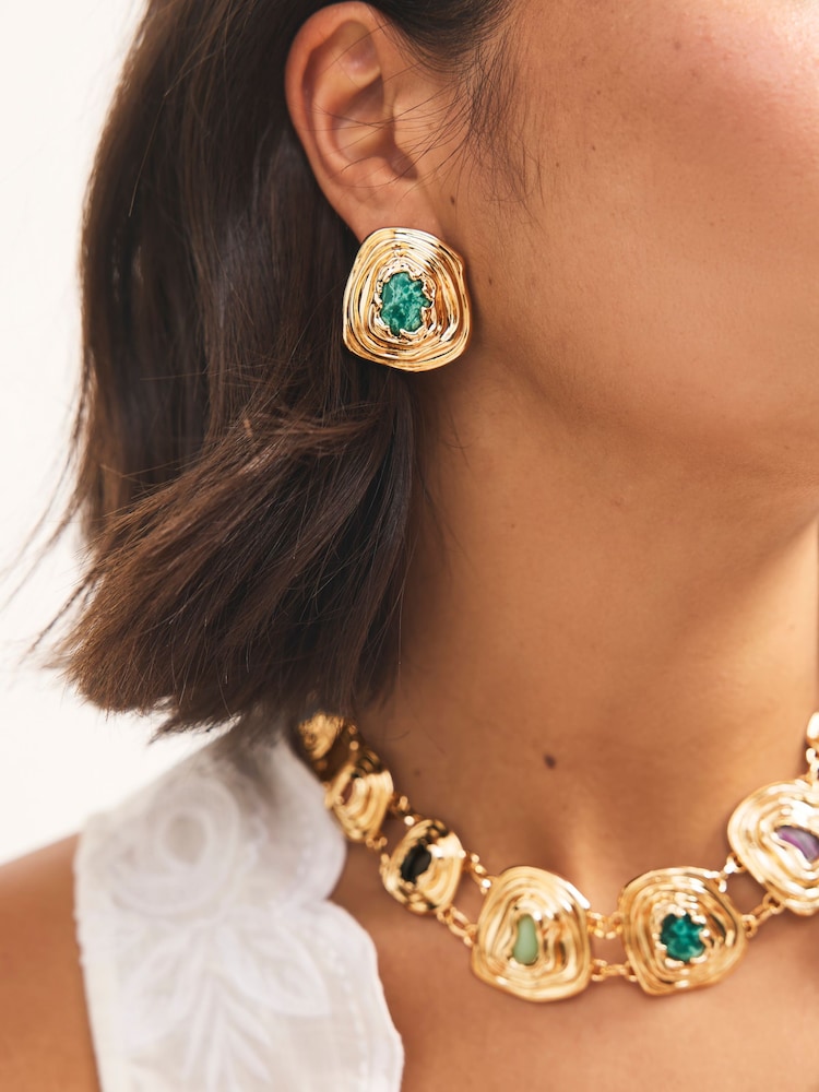 Gold Tone Organic Stone Statement Stud Earrings - Image 1 of 5