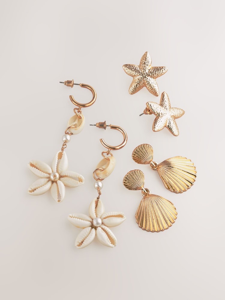 Gold Tone Shell and Starfish Earrings 3 Pack - Image 3 of 5