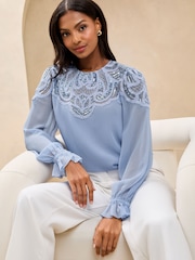 Lipsy Blue Embellished Sequin Long Sleeve Blouse - Image 3 of 4