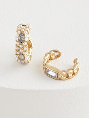 Gold Tone Sparkle Hoop Earrings And Ear Cuff Pack - Image 3 of 5