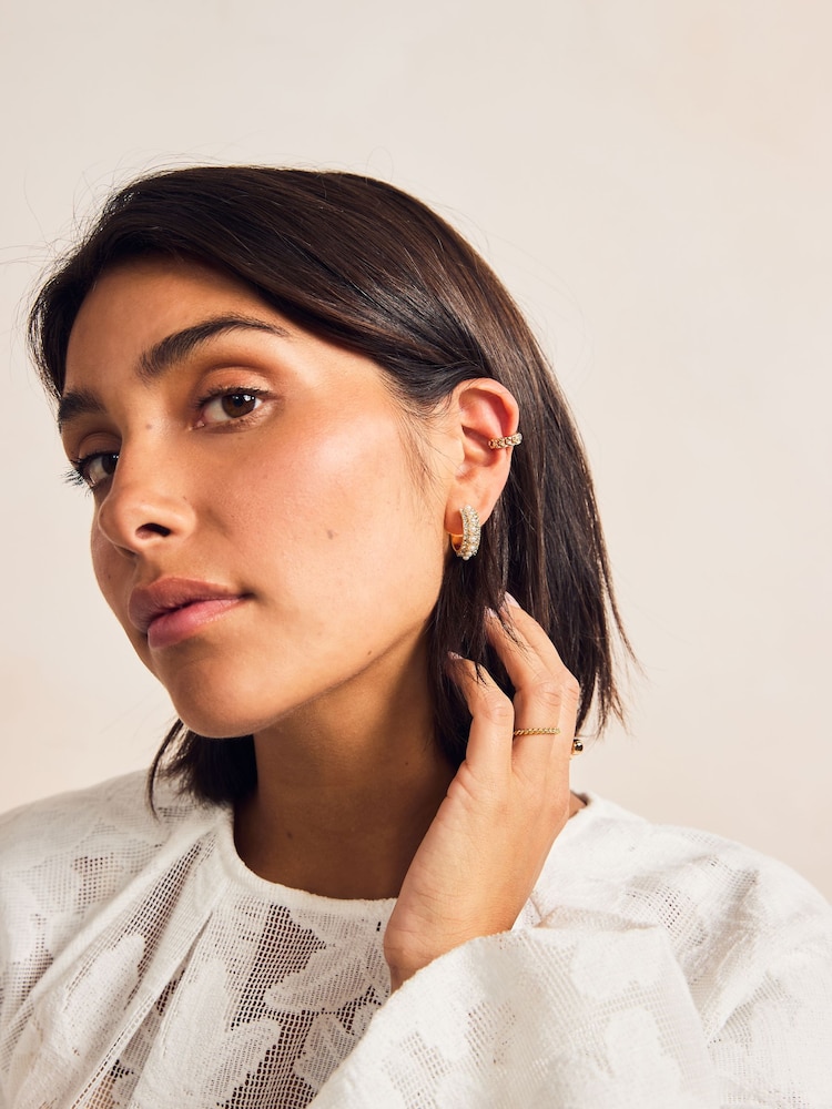 Gold Tone Sparkle Hoop Earrings And Ear Cuff Pack - Image 5 of 5