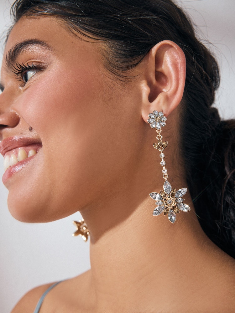 Gold Tone Flower Sparkle Long Drop Earrings - Image 2 of 5