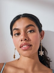 Gold Tone Flower Sparkle Long Drop Earrings - Image 4 of 5