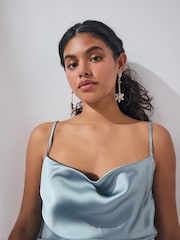 Gold Tone Flower Sparkle Long Drop Earrings - Image 5 of 5