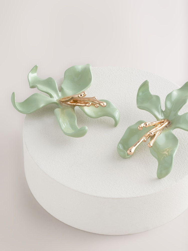 Light Green Flower Statement Stud Earrings - Image 2 of 3