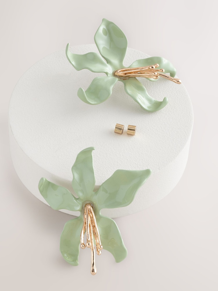 Light Green Flower Statement Stud Earrings - Image 3 of 3