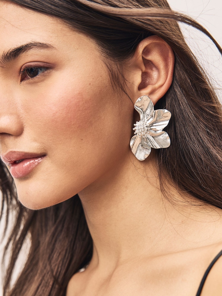 Silver Tone Flower Statement Stud Earrings - Image 1 of 6