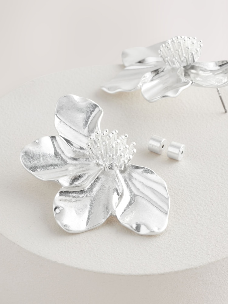 Silver Tone Flower Statement Stud Earrings - Image 6 of 6
