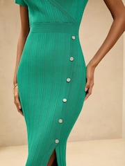 Lipsy Green Ribbed Wrap Short Sleeve Buttoned Side Split Knitted Dress - Image 2 of 4