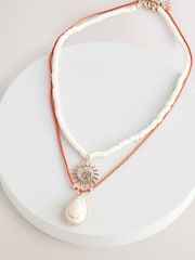 Orange/Neutral Shell and Sun Two Row Necklace - Image 1 of 6