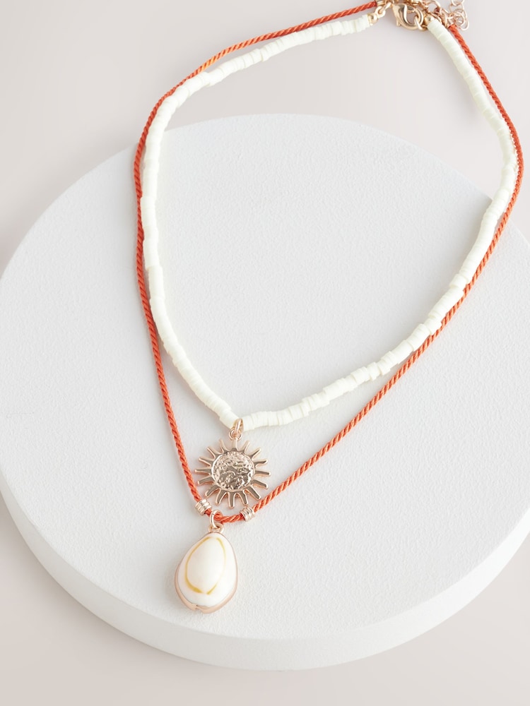Orange/Neutral Shell and Sun Two Row Necklace - Image 1 of 6
