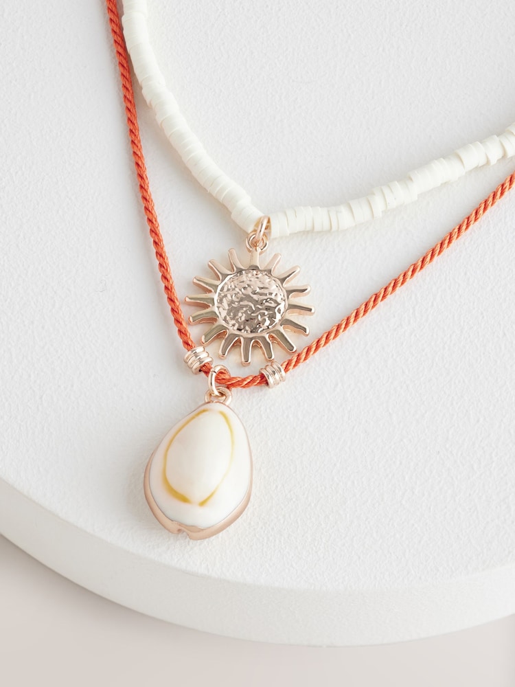 Orange/Neutral Shell and Sun Two Row Necklace - Image 2 of 6