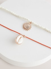 Orange/Neutral Shell and Sun Two Row Necklace - Image 3 of 6