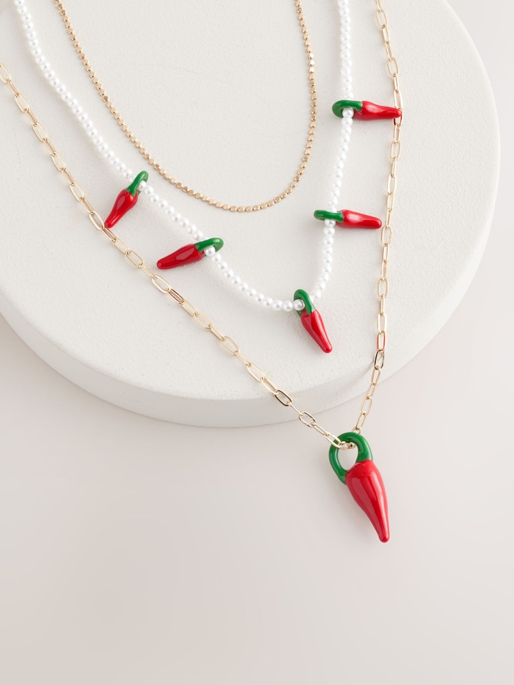 Red Chilli Pearl Effect Layered Necklace - Image 3 of 5