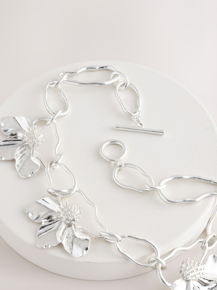 Silver Coloured Flower Statement Necklace - Image 5 of 5