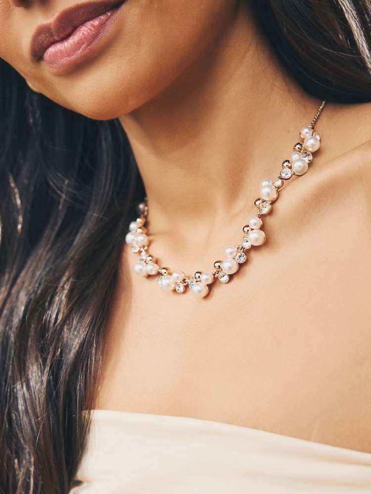 Gold Tone Sparkle Pearl Effect Pully Necklace - Image 1 of 5