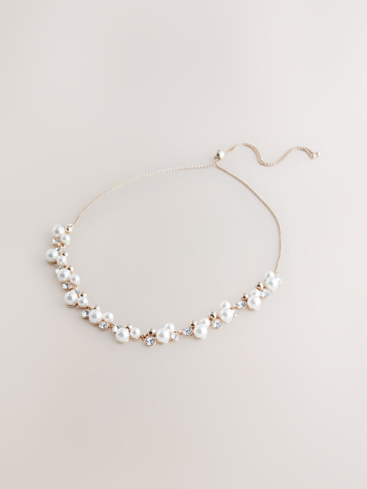 Gold Tone Sparkle Pearl Effect Pully Necklace