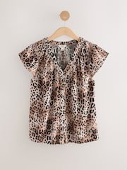 Leopard Print Button Down Ruffle Sleeve Top With Linen - Image 6 of 8