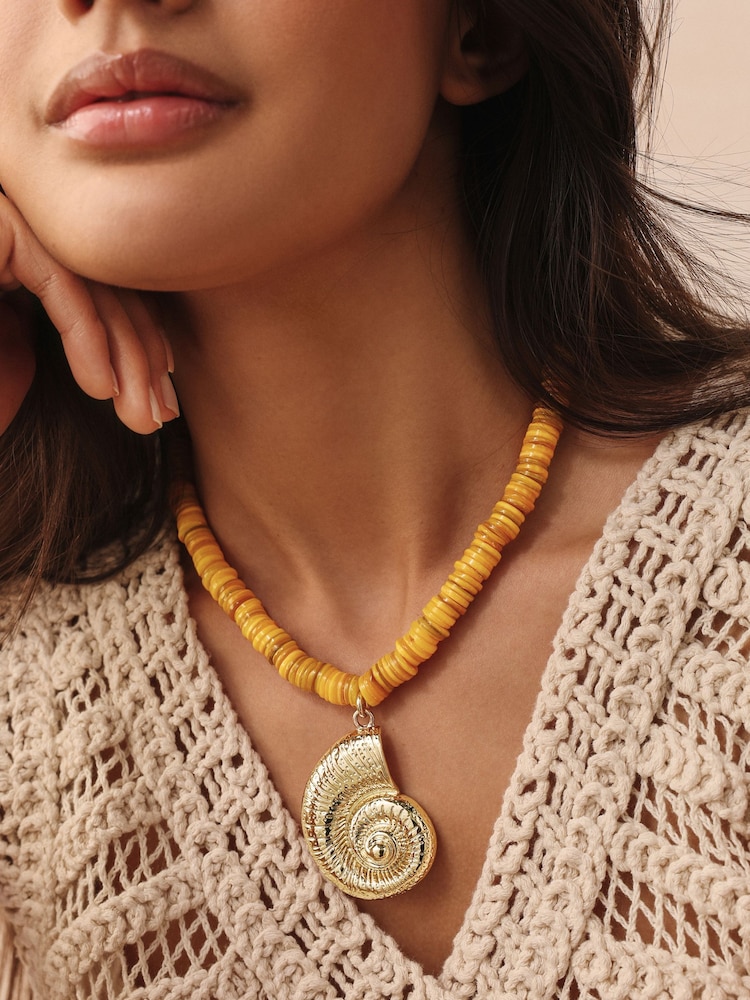 Gold Tone Shell Yellow Beaded Necklace - Image 1 of 7