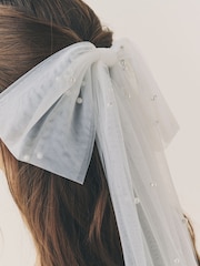 White Chiffon Pearl Effect Hair Bow - Image 2 of 6