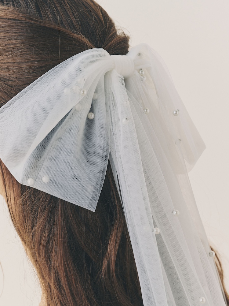 White Chiffon Pearl Effect Hair Bow - Image 2 of 6