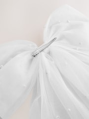 White Chiffon Pearl Effect Hair Bow - Image 5 of 6
