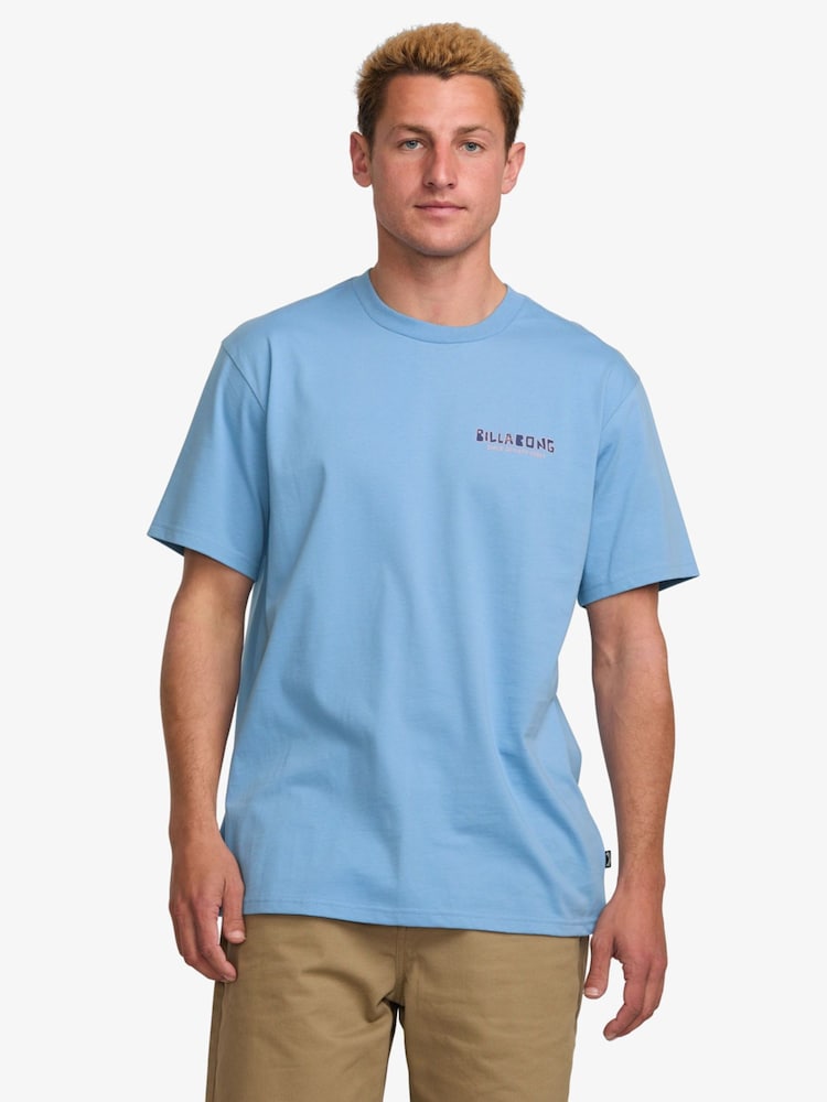 Billabong Twin Peaks Sky Blue 100% Cotton Graphic Back Print Logo T-Shirt - Image 1 of 6