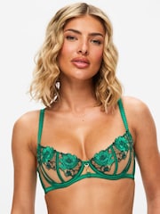 Ann Summers Green Caged Rose Floral Print Embroidery Non Pad Balcony Bra - Image 1 of 5