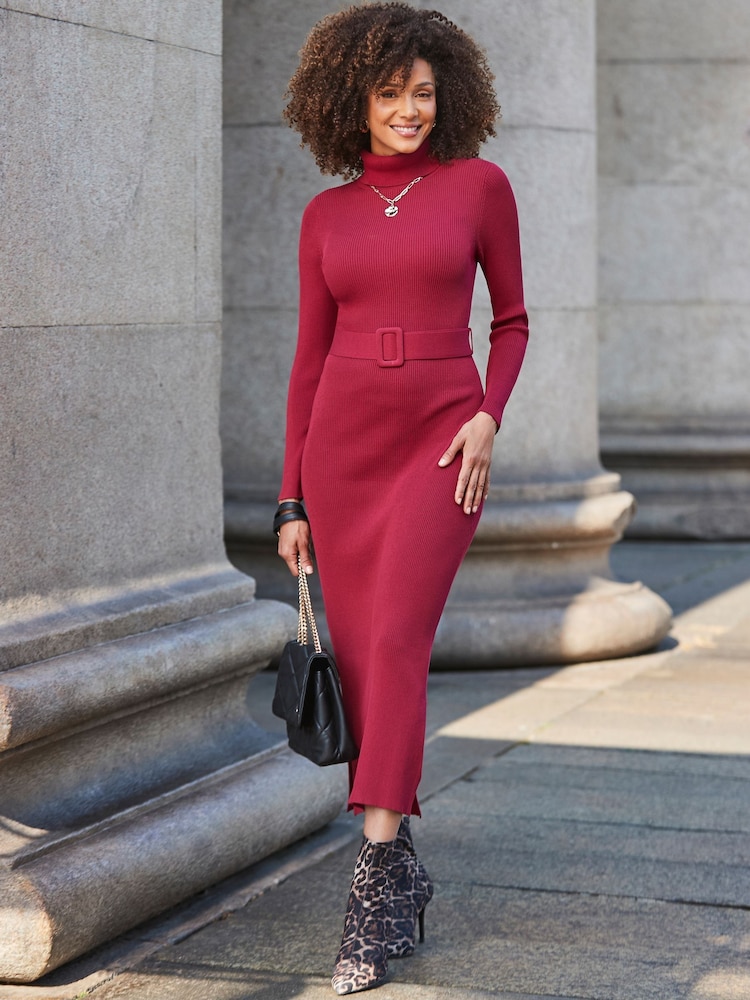 Sosandar Red Belted Ribbed Knit Midi Dress - Image 5 of 5 Sosandar Red Belted Ribbed Knit Midi Dress - Image 5 of 5
