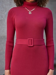 Sosandar Red Belted Ribbed Knit Midi Dress - Image 4 of 5