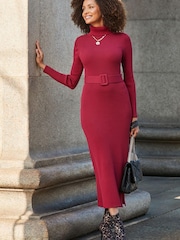 Sosandar Red Belted Ribbed Knit Midi Dress - Image 5 of 5