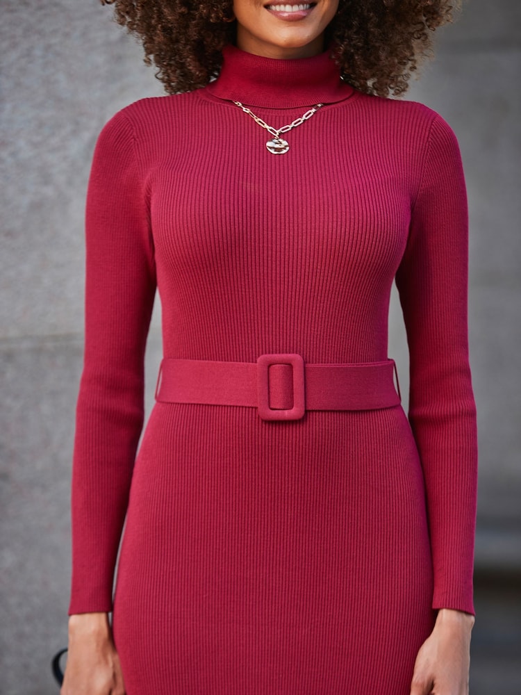 Sosandar Red Belted Ribbed Knit Midi Dress - Image 2 of 5 Sosandar Red Belted Ribbed Knit Midi Dress - Image 2 of 5