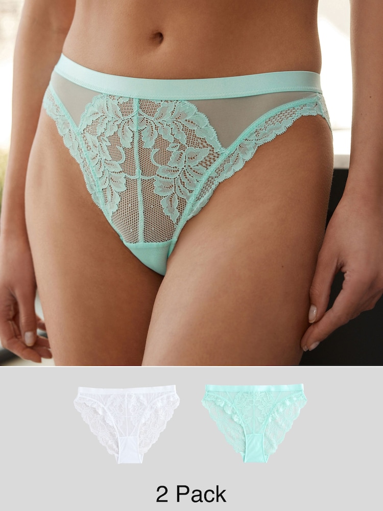 Turqoise/White High Leg Lace Knickers 2 Pack - Image 1 of 10 Turqoise/White High Leg Lace Knickers 2 Pack - Image 1 of 10
