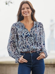 Sosandar Blue Abstract Print Tie Neck Detail Blouse - Image 1 of 5