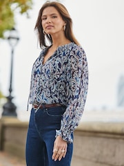 Sosandar Blue Abstract Print Tie Neck Detail Blouse - Image 3 of 5