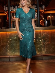 Sosandar Green Sequin Fit & Flare Dress - Image 5 of 5