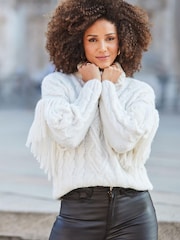 Sosandar Cream Fringe Detail Roll Neck Cable Jumper - Image 1 of 5