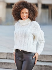 Sosandar Cream Fringe Detail Roll Neck Cable Jumper - Image 4 of 5