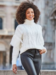 Sosandar Cream Fringe Detail Roll Neck Cable Jumper - Image 5 of 5