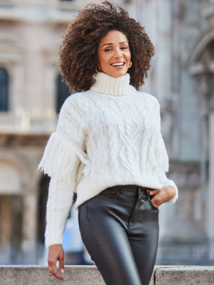 Sosandar Cream Fringe Detail Roll Neck Cable Jumper - Image 5 of 5 Sosandar Cream Fringe Detail Roll Neck Cable Jumper - Image 5 of 5