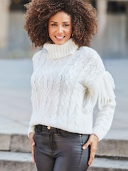 Sosandar Cream Fringe Detail Roll Neck Cable Jumper - Image 2 of 5