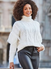 Sosandar Cream Fringe Detail Roll Neck Cable Jumper - Image 3 of 5