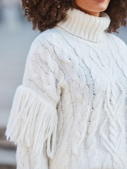 Sosandar Cream Fringe Detail Roll Neck Cable Jumper - Image 4 of 5