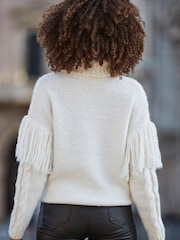 Sosandar Cream Fringe Detail Roll Neck Cable Jumper - Image 5 of 5