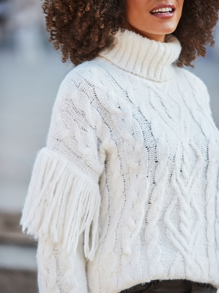 Sosandar Cream Fringe Detail Roll Neck Cable Jumper - Image 1 of 5 Sosandar Cream Fringe Detail Roll Neck Cable Jumper - Image 1 of 5